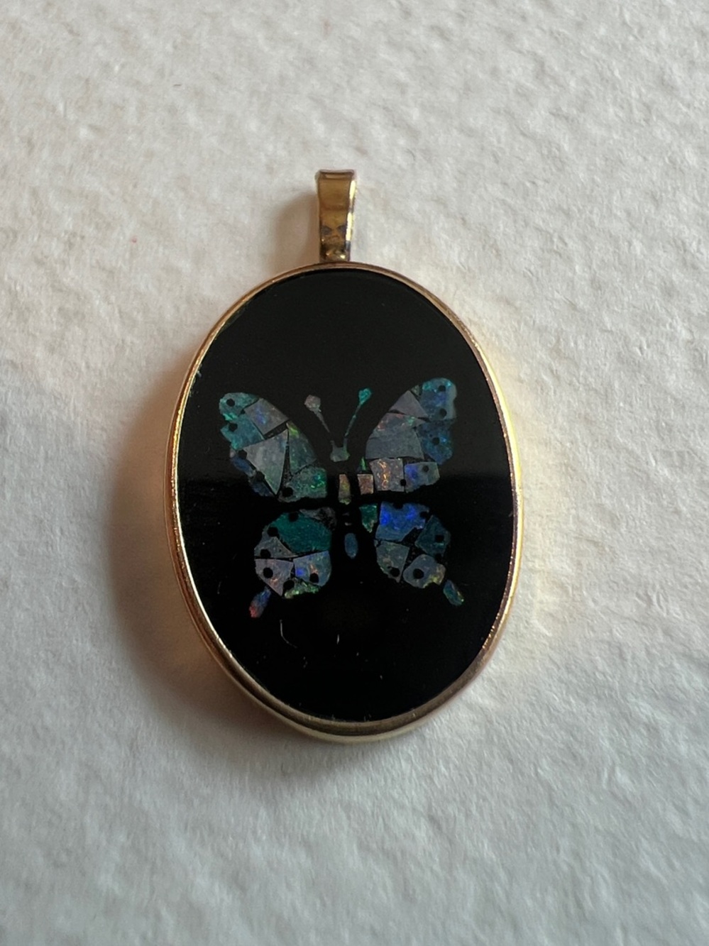 14k Gold Opal Butterfly Inlay Pendant - Black Onyx and Iridescent
